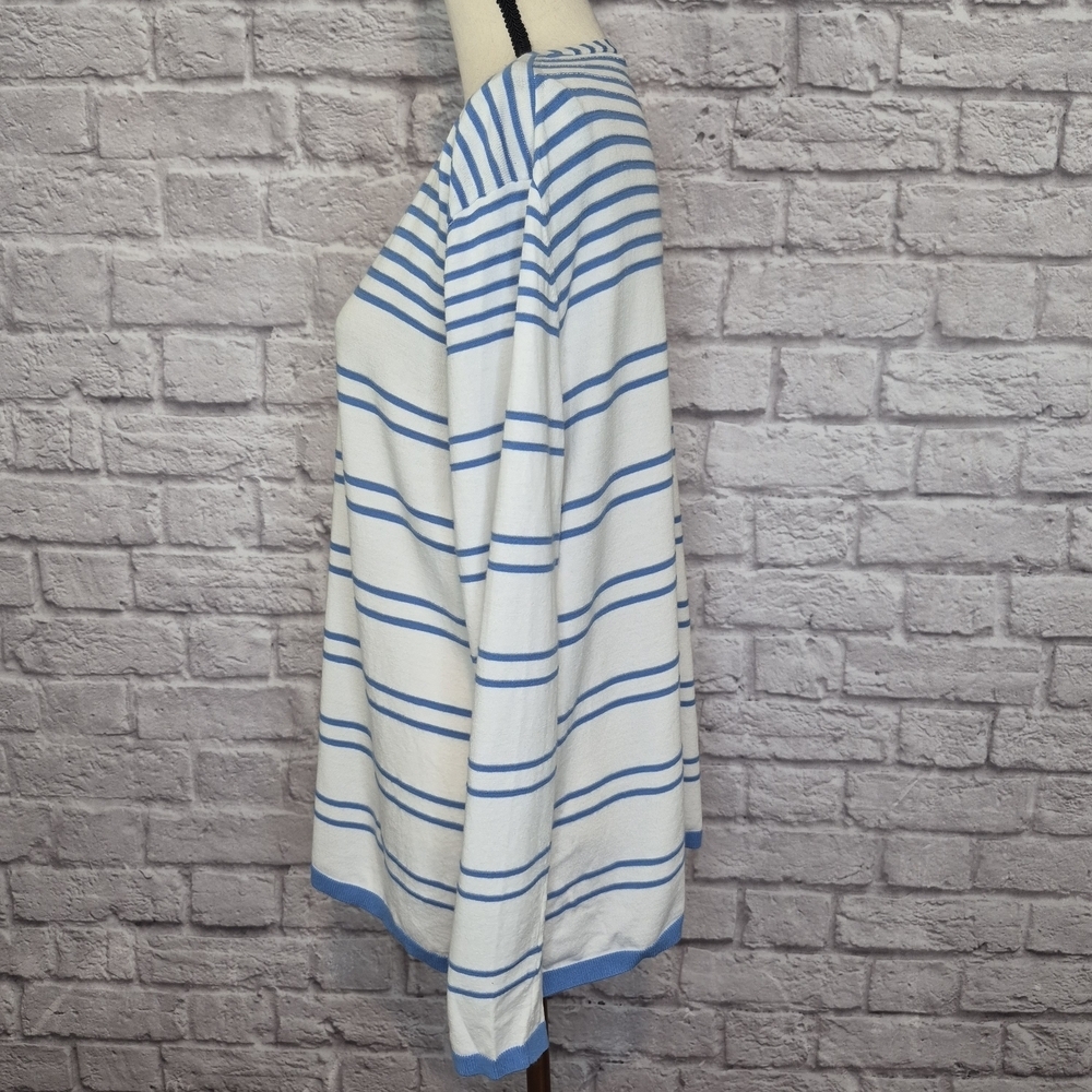 Lafayette 148 Sweater White Blue Striped V Neck Nautical Lightweight Womens Sz M - Picture 7 of 9